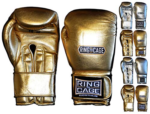 Ring to Cage Metallic Gold, Silver Japanese Style Training Gloves 2.0 - Hook&Loop or Lace-Up - color: Gold, size: 16oz Hook&Loop