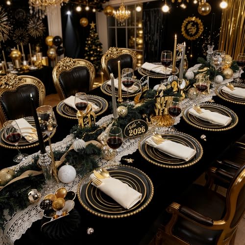 350 Pieces Black and Gold Plastic Plates with Disposable Silverware, Include 50 Dinner Plates 9”, 50 Dessert Plates 6.3”, 50 Black Cups 9 OZ, 50 Pre Rolled Napkins for New Year (Pack of 2) - color: Black - Modern, size: 350PCS (Pack of 2)