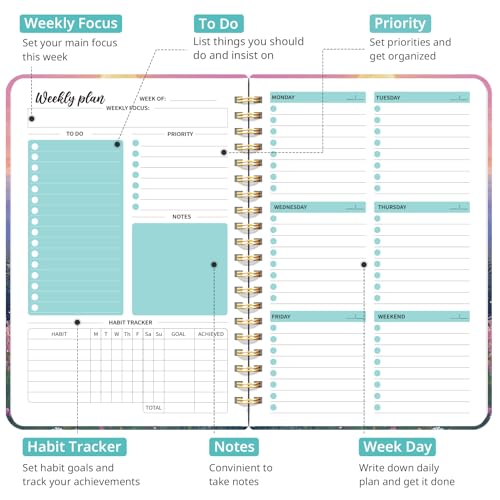 Taja Undated Weekly Planner, Weekly To Do List Notebook with Goal & Habit Tracker Organizer, A5 Weekly Planner Notebook with Spiral Binding, 6.1" x 8.2" - Twilight Bloom - color: u.Twilight Bloom