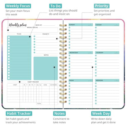 Taja Undated Weekly Planner, Weekly To Do List Notebook with Goal & Habit Tracker Organizer, A5 Weekly Planner Notebook with Spiral Binding, 6.1" x 8.2" - Twilight Bloom - color: u.Twilight Bloom