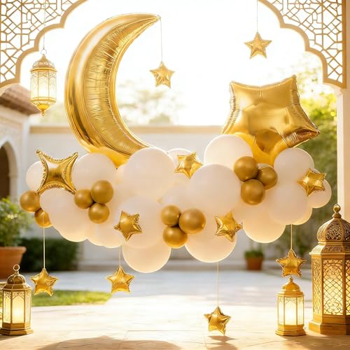 61 Pcs Ramadan Balloon Decorations Set - Gold Moon & Star Mylar Balloons with White Gold Latex Balloons, Islamic Lantern Theme Party Supplies for Eid Al-Fitr, Iftar Party Backdrop Decor