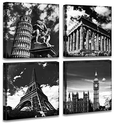 JiazuGo Black and White Building Wall Art for Living Room Contemporary European Famous Architecture Leaning Tower of Pisa Eiffel Parthenon London Elizabeth City Big Ben Canvas Pictures Paintings - color: Famous Buildings