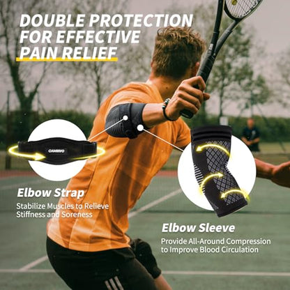 CAMBIVO 2 Elbow Sleeves and 1 Tennis Elbow Strap Set for Tendonitis Relief | Counterforce Pad Targets Extensor Pain, Adjustable Hook-and-Loop Fit, Breathable 3D Knit Sleeve, 2+1 Combo Set, Men & Women - color: Black(2Pcs Elbow Sleeve+1Pcs Elbow Strap), si