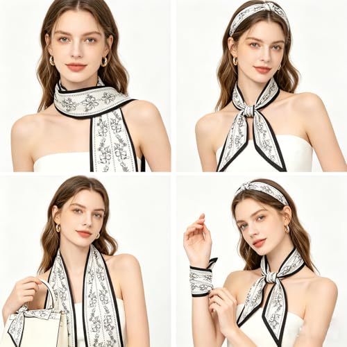 Silky Satin Long Skinny Head Scarf for Women - Neck Hair Scarf, Purse Bag Belt Accessory, Silk Feeling, 57"x5" - color: White Blue 02