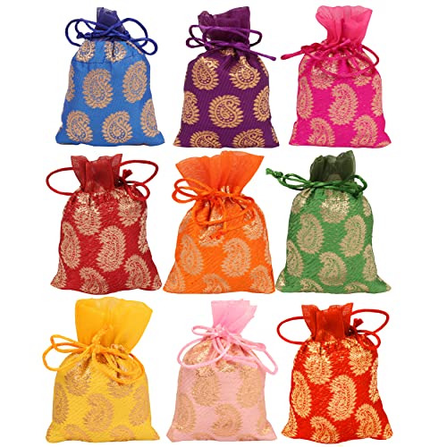 Touchstone Drawstring Bags Traditional Indian Handcrafted Fabric Perfect for Gifts Jewelry Weddings Pouches Purses Potli - color: Paisley_Multicolor (Pack of 9), size: 7x5 inches