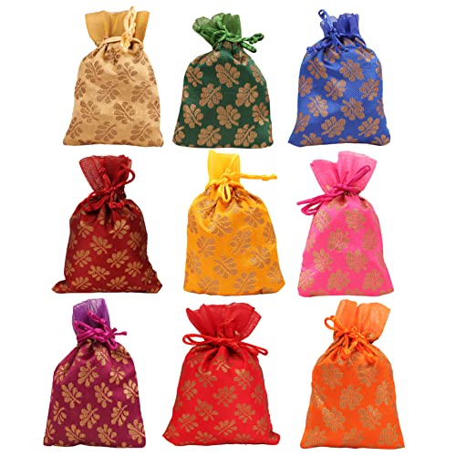 Touchstone Drawstring Bags Traditional Indian Handcrafted Fabric Perfect for Gifts Jewelry Weddings Pouches Purses Potli - color: Mimosa Leaf_Multicolor (Pack of 9), size: 9x7 inches