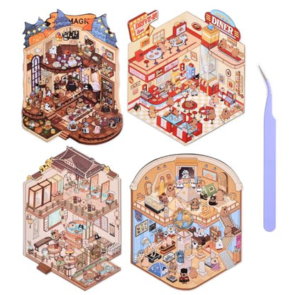 Girls 3D Miniature Scene Stickers, 4 Sets World Travel DIY House Stickers for Museun, Hotel, Magic House, Drive-In Restaurant, Cute 3D Cartoon Sticker Scenes for Adult Kids Relief Stress Pass The Time - style: World Travel