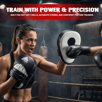 Focus Pads for Boxing & MMA Training | Lightweight Curved Punch Mitts with Shock-Absorbing Foam | Kickboxing, Muay Thai & Sparring Target Pads for Coaches & Fighters - color: Black/White