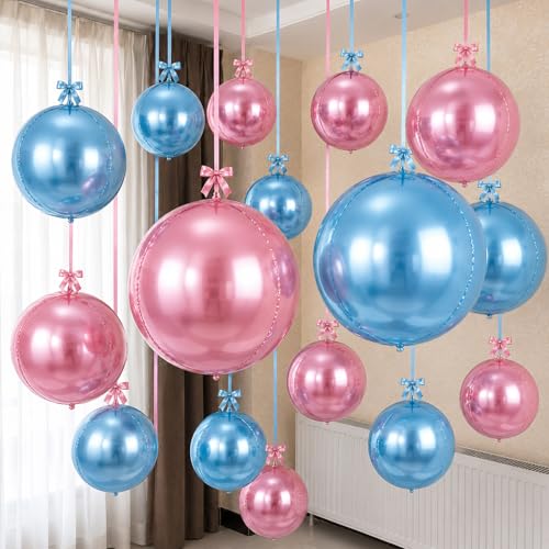Togvu Pink Blue Round Foil Balloons, 16PCS Different Sizes 4D Metallic Balloon Large Sphere Mirror Ball Balloons for Gender Reveal Boy or Girl Birthday Party Ceiling Decorations Supplies - color: Pink Blue