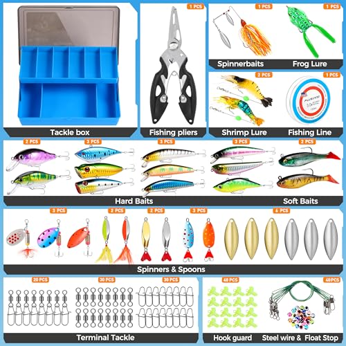 PLUSINNO Fishing Lures Fishing Tackle Box Fishing Gifts for Men, Bass, Trout Fishing Accessories Kit for Saltwater & Freshwater Fishing Gear Including Topwater Lures, Hooks, Spinnerbaits - color: 194PCS tackle box