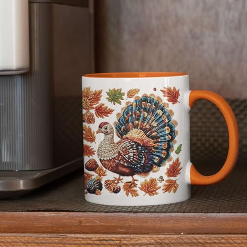 Personalized Autumn Turkey Coffee Mug, Customized Name White Ceramic Cup, Festive Fall Leaves Mug, Sparkling Turkey Full Wrap Cup 11oz 15oz, Custom Unique Thanksgiving White Cup - color: XUA-1124-3653-Thanksgiving Mug