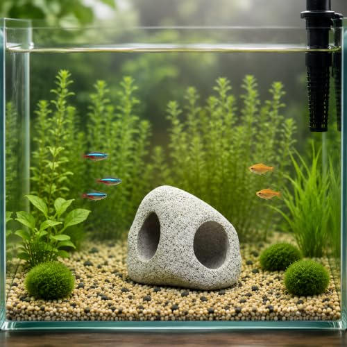 Ceramic Aquarium Rock Cave Decor, Medium, Fish Tank Hideout Ornament for Betta, Shrimp and Cichlids