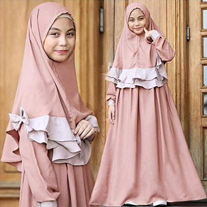 Toddler Girls Muslim Dress Abaya with Hijab Prayer Clothes Arab Solid Islamic Robe Kids Ramadan Long Skirt LDS Temple Dresses - color: B-pink, size: 5-6 Years