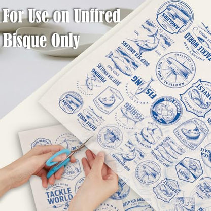 SUPERDANT 5 Pcs Fishing Underglaze Paper Transfer Fish Angler Transfer Papers for Clay Ceramic Porcelain Under Glaze Transfers for Pottery Enamel Decals Blue Underglaze Decal Handcrafted Gifts - style: Fishing