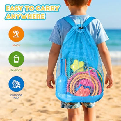 MGparty Collapsible Beach Toys Set for Kids, 3 Pack Foldable Sand Buckets with Shovels Molds Mesh Bag, Portable Travel Sandbox Toys for Toddlers Kids Age 3-10