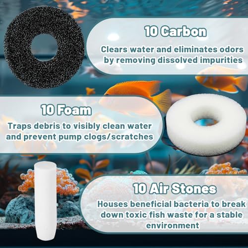 Novabright 32 Pack Filter Replacement Kit Compatible with BiOrb Aquariums Filter Cartridge Accessories10 Carbon Rings 10 Regular Foam 10 Air Stone 2 Cleaner Pad