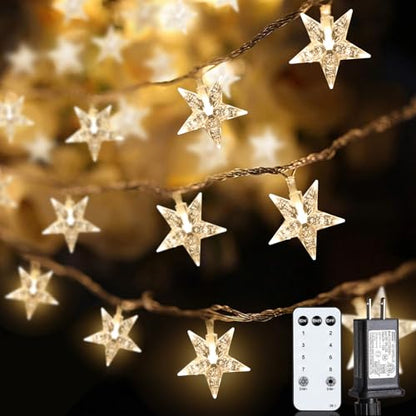 JOLYMOLY Star String Lights Plug in, 59 Ft 100 LED Star Fairy Lights with Remote Timer, Connectable Waterproof for Bedroom Wedding Party Indoor Outdoor Décor, Warm White