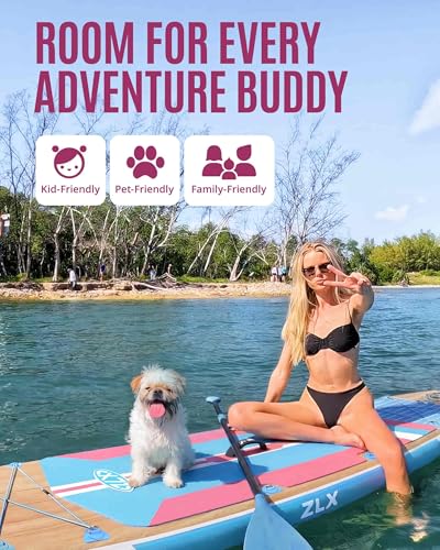 ZLX 11'6"x35" Ultra Wide Inflatable Stand Up Paddle Board | Stable Non-Slip Deck Pad, Unique Fin System, Premium SUP Accessories & Backpack - Upgraded Pump for Adults, All Skill Levels - color: Blush Pink Wood