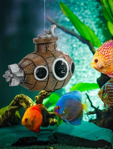 Floating Submarine Aquarium Decoration with 2 Float Balls | Resin Floating Submarine Ornament with 2 Clear Balls and Adjustable Line for Aquariums, Fish Tanks and Terrariums - size: 4.9'' Floating submarine