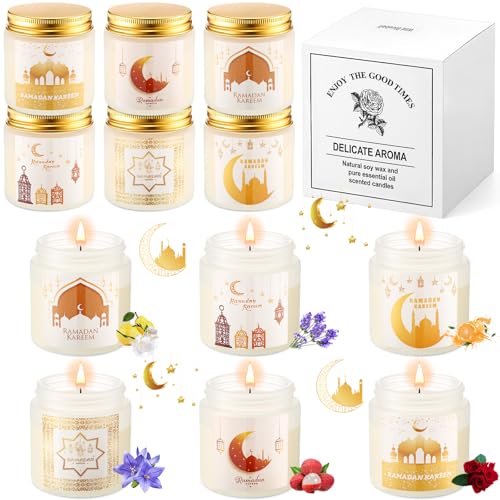 Lyrow 12 Pcs Ramadan Gifts for Women Men Ramadan Mubarak Candles 3.5 oz Scented Soy Wax Candle Islamic Muslim Candles Islamic Party Favors Gifts for Home Muslim Islam Festival Decor (White Gold) - color: White Gold