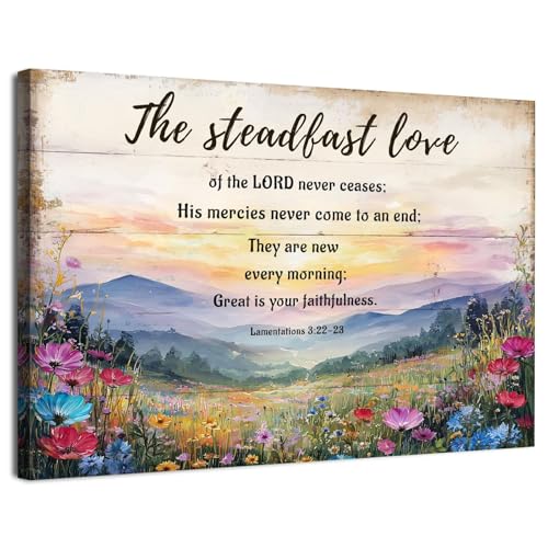 Christian Scripture Wall Art Lamentations 3:22-23 Floral Bible Verse Wall Decor Wildflower Landscape Canvas Pictures Inspirational Christian Art Wall Decor for Living Room Bedroom Home Office 12x16" - color: Christian04, size: 16"L x 12"W