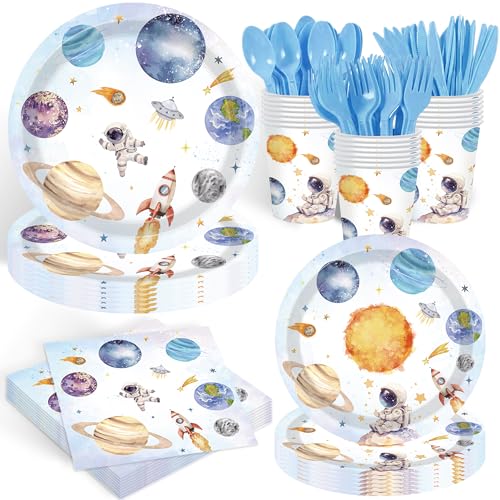 140PCS Space Themed Paper Plates Party Supplies Decorations, Birthday Paper Plates First Trip Around The Sun Astronaut Planet Cake Plate Tableware Dinner Set for Boys Girls Birthday Shower - size: Space - 140pcs