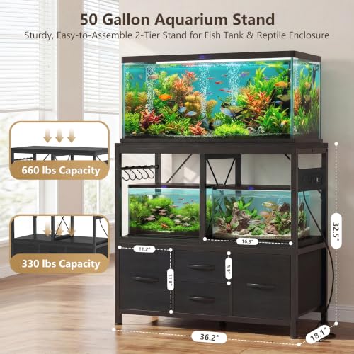 Heybly 40-50 Gal Fish Tank Stand with Drawer, Power Outlet, Black HAS004BK | Aquarium Stand, Heavy Duty, for Fish Tank, Turtle & Reptile Terrarium, 36.2" L × 18.1" Top, 660lbs (Top)+330lbs(Mid) - color: Black, size: 40-50 gal