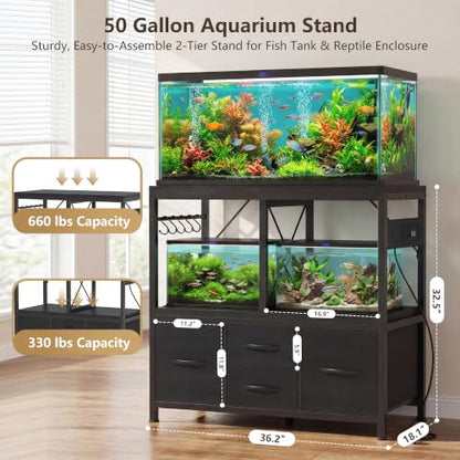 Heybly 40-50 Gal Fish Tank Stand with Drawer, Power Outlet, Black HAS004BK | Aquarium Stand, Heavy Duty, for Fish Tank, Turtle & Reptile Terrarium, 36.2" L × 18.1" Top, 660lbs (Top)+330lbs(Mid) - color: Black, size: 40-50 gal