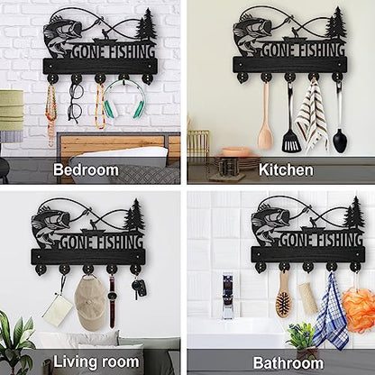 MAYJOYDIY Wood Fish Coat Rack, 5 Alloy Hooks, Wall Mounted, 11.8x8inch, Fishing Theme, Art Deco Style, Hallway Entryway Kitchen Gift - color: Fish