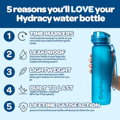 Hydracy 타임 마커 및 과일 인퓨저가 있는 물병 - BPA 프리 - 502.8ml(17온스) | 샘 방지 체육관 병, 마실 시간이 있고 땀이 나지 않는 슬리브 - 피트니스 스포츠 및 야외 활동에 이상적입니다 - color: 미드나잇 블루, size: 17온스