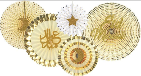 5x Eid Party Fans with Metallic - Ramadan Mubarak New Year Muslim Hajj Islam Allah Celebration Party Festive Home Decoratives Letters English, Arabic Indoor Outdoor (Gold) - color: All Gold