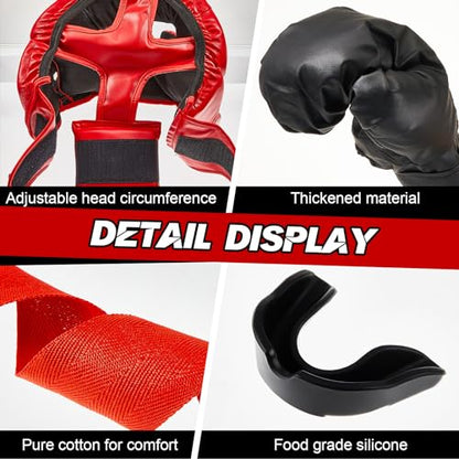 Kanayu 12 Pcs Kids Boxing Equipment Set for Beginners Ages 6-18 Years Including Boxing Helmet and Gloves Hand Wraps Sport Mouthguards Taekwondo Sparring Gear for Kids and Children - color: Black, Red