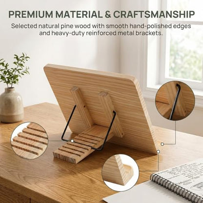 Adjustable Wooden Book Stand 8 Height Levels, Ergonomic Reading Holder for Cookbook Textbook, Foldable Desktop Book Stand with Page Paper Clips, Portable Hands-Free Stand for Kitchen Office - size: 15x11.4inch