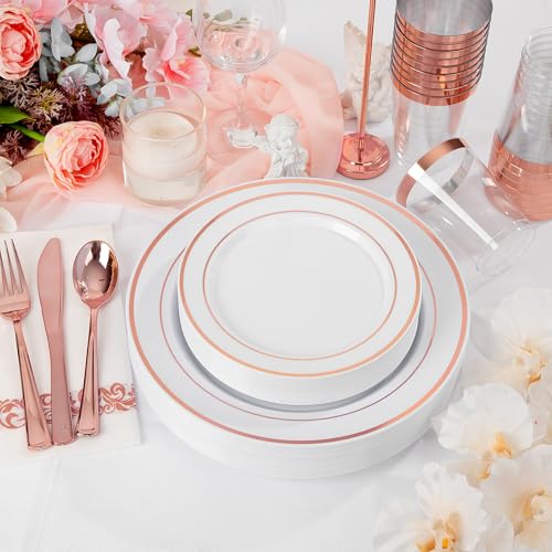 Supernal 400pcs Rose Gold Plastic Plates Disaposable Heavy Duty included Disposable Utensils& Plastic Party Plates Disaposable Party Cups and Napkins Sets for Valentine's Day Mother's Day and Easter - color: 400pcs White and Rose Gold Plastic Plates Disap