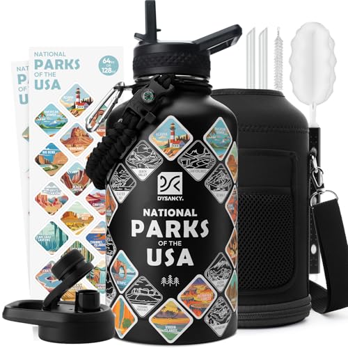 DYSANKY National Parks Water Bottle – 64 oz Insulated Stainless Steel Bottle with 63 Hand-Drawn Park Stickers, Carrier Bag, Strap & Gift Box – BPA-Free – Ideal for Hiking, Camping & Travel - color: Advanced Black Park, size: 64 Ounces