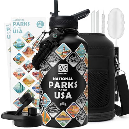 DYSANKY National Parks Water Bottle – 64 oz Insulated Stainless Steel Bottle with 63 Hand-Drawn Park Stickers, Carrier Bag, Strap & Gift Box – BPA-Free – Ideal for Hiking, Camping & Travel - color: Advanced Black Park, size: 64 Ounces