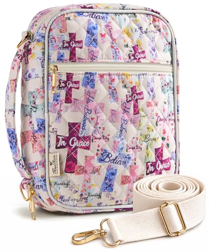Miss Adola Bible Cover Case for Women - Quilted Bible Carrying Case Organizer Study Bag with Zipper Handle and Shoulder Strap Purple Cross Book Cover for Teen Girls - color: Purple-cross