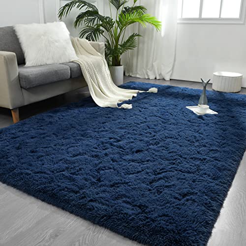 FlyDOIT Large Area Rugs for Living Room, 4x6 Feet Navy Blue Shaggy Rug Fluffy Throw Carpets, Ultra Soft Plush Modern Indoor Fuzzy Rugs for Bedroom Girls Kids Nursery Room Dorm Home Decor - color: Navy Blue, size: 4' x 6' (Rectangular)