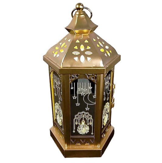 Ramadan Kareem Lantern - Gold Design Perfect for Eid Mubarak New Year Muslim Gift for Festive Decorations Traditional Lights Charm Festive Seasons (Battery Operated, 5x11 inches)