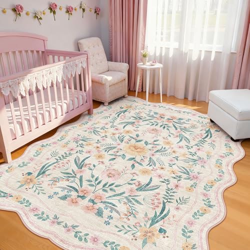 Scalloped Pink Floral Rug 6x9, Washable Soft Faux Wool Area Rug for Living Room, Cute Boho Non-Slip Carpet for Kids Room, Nursery, Bedroom or Office - color: Pink Scalloped, size: 6' x 9' (Rectangular)