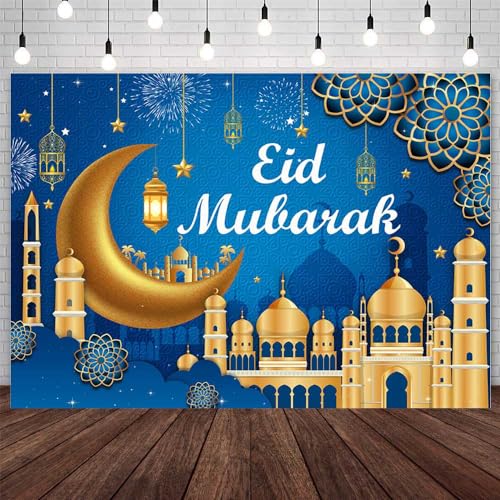 AIBIIN 7x5ft Eid Mubarak Backdrop Muslim Ramadan Kareem Photography Background Blue Gold Lantern Moon Eid Al Adha Al-Fitr Mosque Eid Mubarak Party Decorations Banner Photo Studio Props