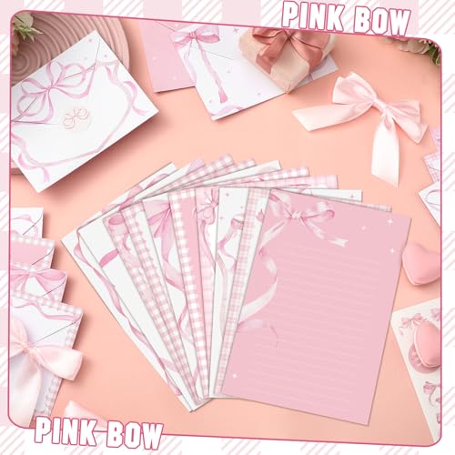 TaoBary 160 Pcs Pink Bow Stationery Paper Set for Girls with Stationery Letter and Envelopes 50 Double Sided Papers with 50 Matching Envelopes and 60 Round Dot Sticker 10 Design (5.5 x 8.25 Inch) - size: 8.25 x 5.5 Inch, style: Pink Bow