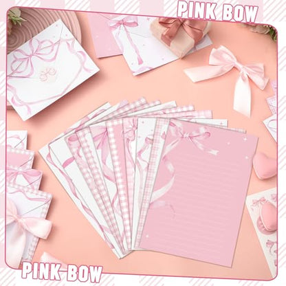 TaoBary 160 Pcs Pink Bow Stationery Paper Set for Girls with Stationery Letter and Envelopes 50 Double Sided Papers with 50 Matching Envelopes and 60 Round Dot Sticker 10 Design (5.5 x 8.25 Inch) - size: 8.25 x 5.5 Inch, style: Pink Bow