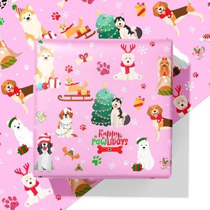 Cuitpan Pink Dog Christmas Wrapping Paper - Xmas Gift Wrap with Christmas Trees, Dog Breeds, Paw Prints & Snowflakes Design- Perfect for Kids & Adults Gift Wrapping - 40×28 Inches, 4 Folded Sheets - color: Pink-Christmas