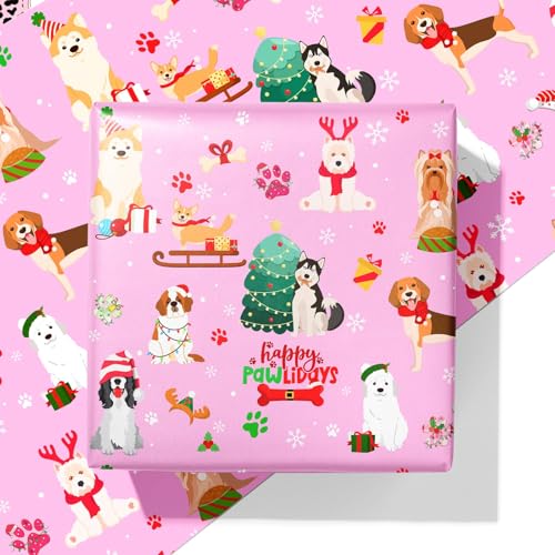 Cuitpan Pink Dog Christmas Wrapping Paper - Xmas Gift Wrap with Christmas Trees, Dog Breeds, Paw Prints & Snowflakes Design- Perfect for Kids & Adults Gift Wrapping - 40×28 Inches, 4 Folded Sheets - color: Pink-Christmas