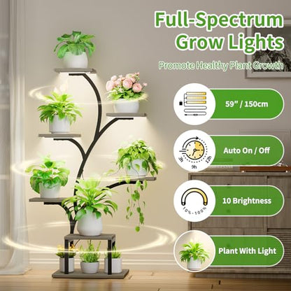 BACEKOLL Plant Stand Indoor with Grow Lights, 7 Tiered Indoor Plant Shelf, 49" Corner Plant Stands for Indoor Plants, Metal Plant Flower Display Shelf, Tree-Shaped Plant Rack for Home, Patio, Grey
