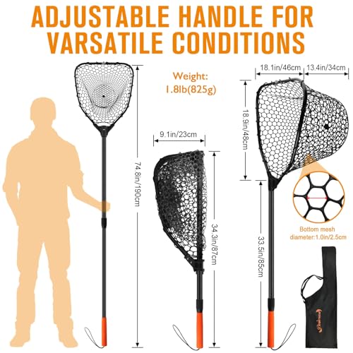 Rubber Fishing Landing Nets Telescopic Handle Nets Folding Nets with Collapsible Handle for Catch & Release Fishing Gift 17.6" dia-13.7" Depth Black/Orange - color: Black