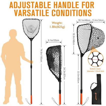 Rubber Fishing Landing Nets Telescopic Handle Nets Folding Nets with Collapsible Handle for Catch & Release Fishing Gift 17.6" dia-13.7" Depth Black/Orange - color: Black
