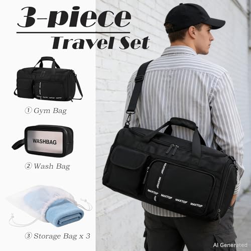 MAXTOP Gym Bag for Women Men Travel Duffle Bag Large Capacity Carry On Weekender Overnight Bag With Shoe Compartment Gym Tote Dry Wet Separation Duffel Bag for Travel - color: Black Set, style: Gym Bag&toiletry Bag