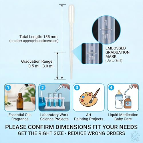 ovsor 50PCS 3ml Disposable Transfer Pipettes, Calibrated Plastic Dropper | Precise Graduated Scale, Flexible Easy-Squeeze, Ideal for Essential Oils, Lab, DIY Art, Makeup & Liquid Transfer
